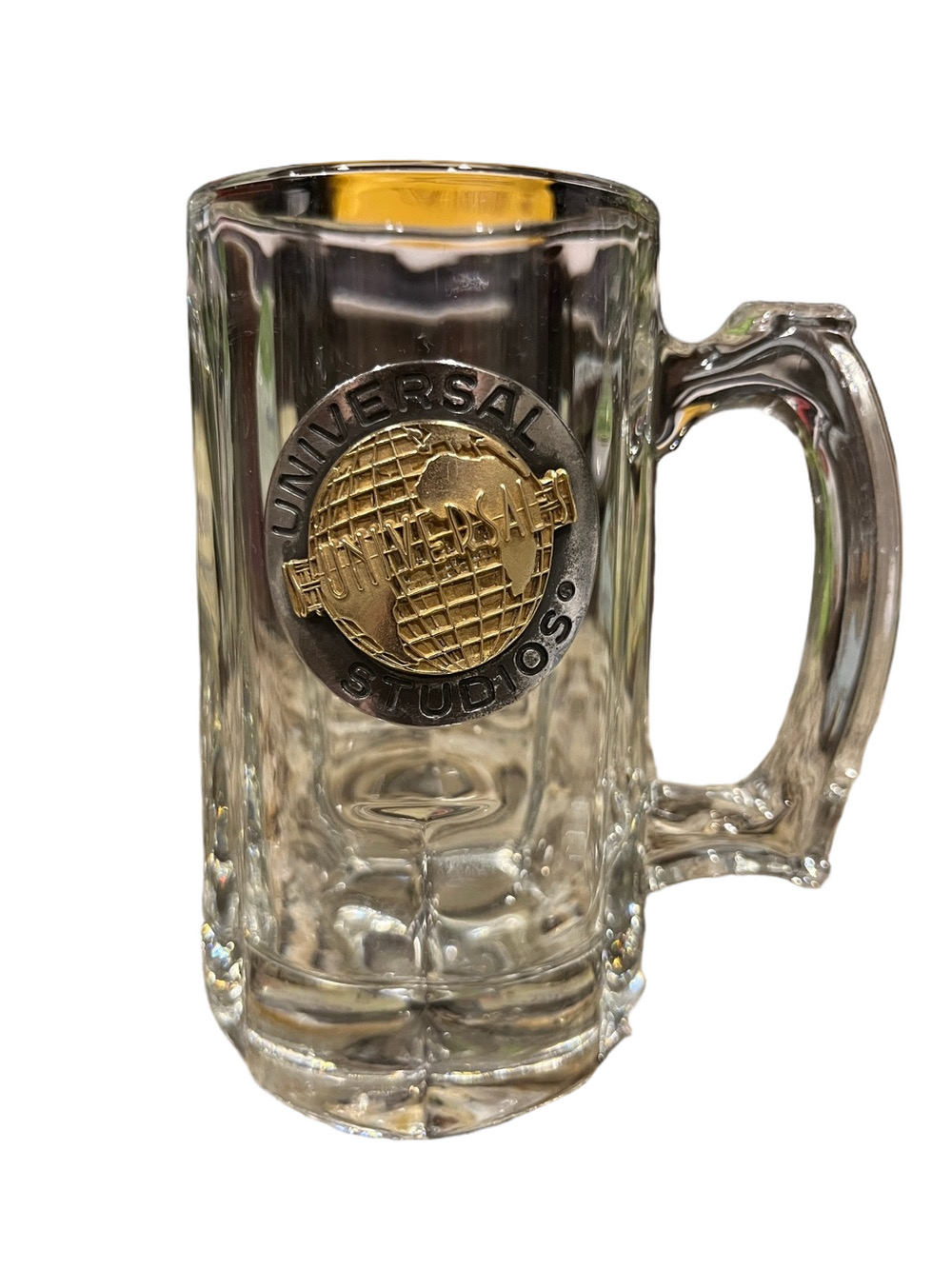 Vintage Universal Studios Glass Beer Stein with Gold Silver Globe Emblem